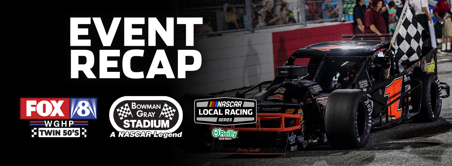 Burt Myers celebrates his record tying 107th Modified Victory with a lap around Bowman Gray Stadium and checkered flag in hand